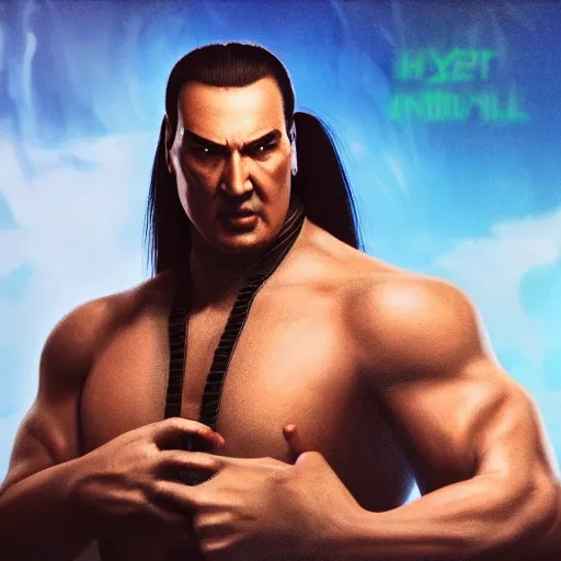 Image similar to hyper realistic, steven seagal from mortal kombat, unreal engine, greg rutkowski, beeple global illumination, translucent, sub - surface scattering,