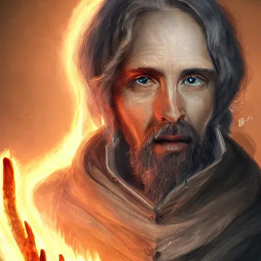 Image similar to a stunning portrait of a human wizard, forming a burning hand spell, highly detailed digital art 4 k trending on artstation