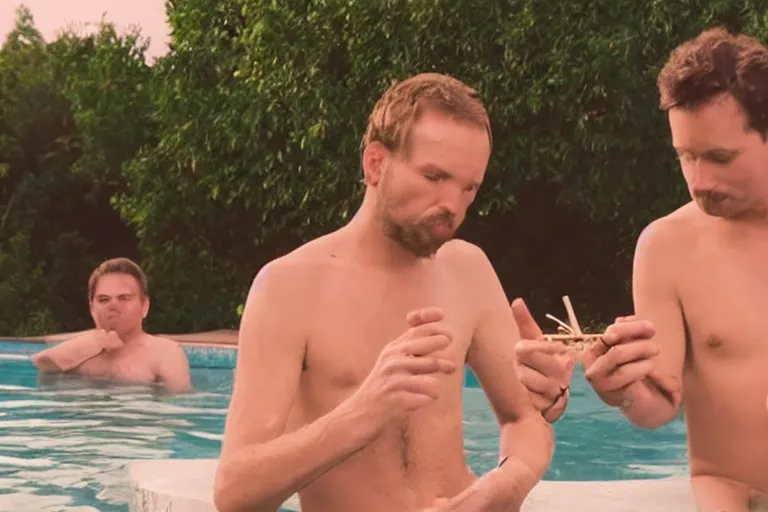 Image similar to a still of two guys smoking cigarettes while floating in a backyard pool in the video too many cooks