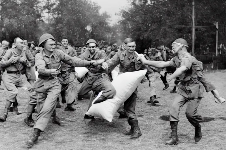 Image similar to world war 2 soldiers pillow fight, color