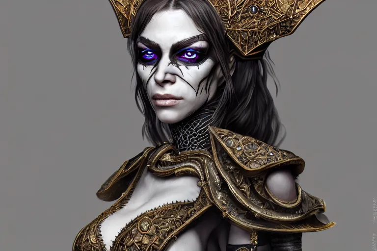 Image similar to a full portrait of a beautiful woman wearing, wearing extremely detailed attire, slim complexity, extremely detailed white eyes, medievil, dnd, extremely detailed, high quality, trending on artstation, photo realistic