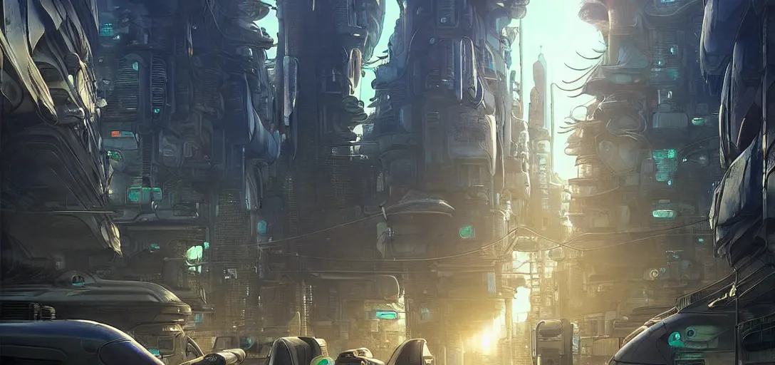 Image similar to futuristic street of a solarpunk alien city by taras shevchenko, extreme backlighting, sci fi, highly detailed, intrincate, digital painting, smooth, sharp focus, golden ratio, illustration, concept art, by stephen hickman and james gurney and hiromasa ogura ghost in the shell