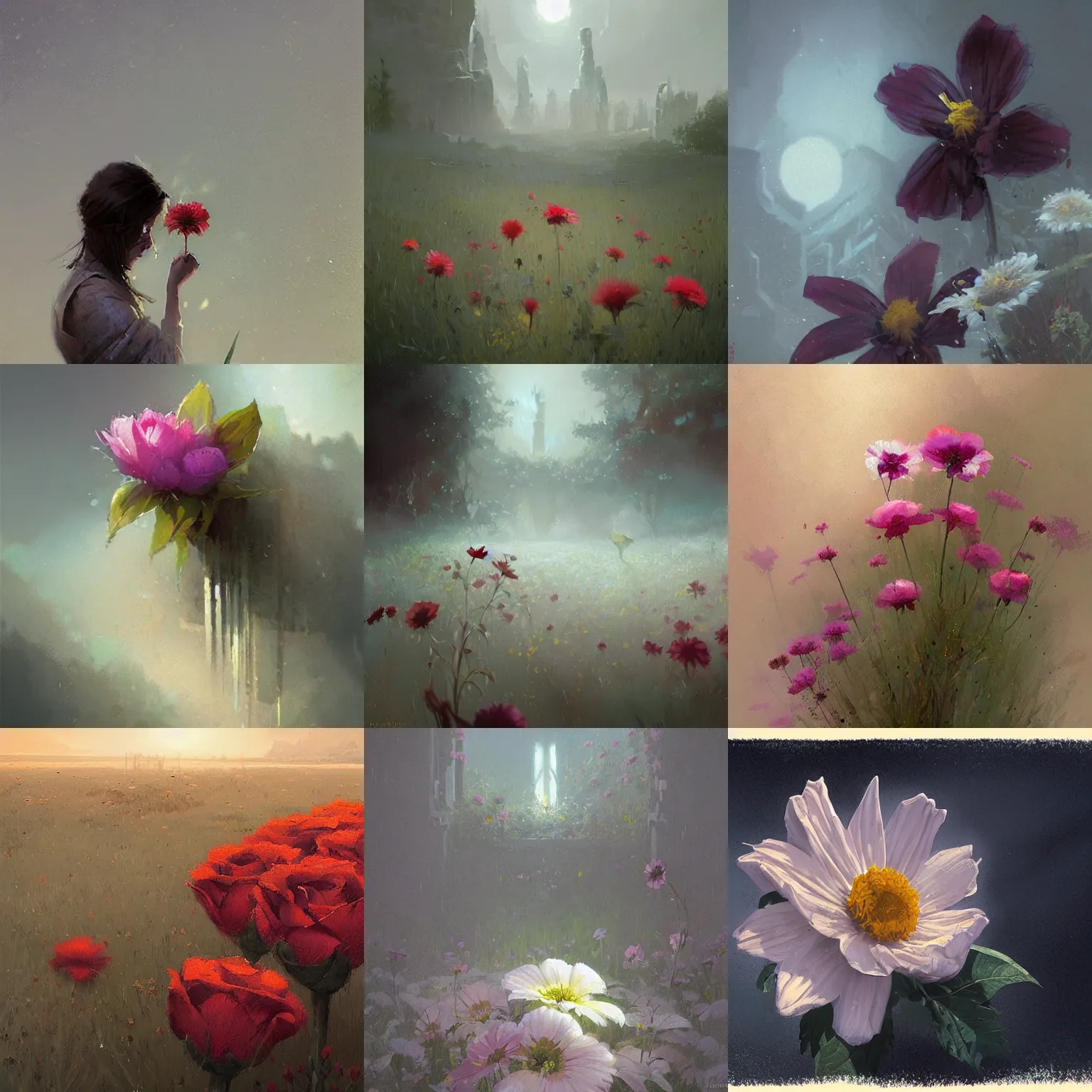 Prompt: flower by greg rutkowski and james gurney.