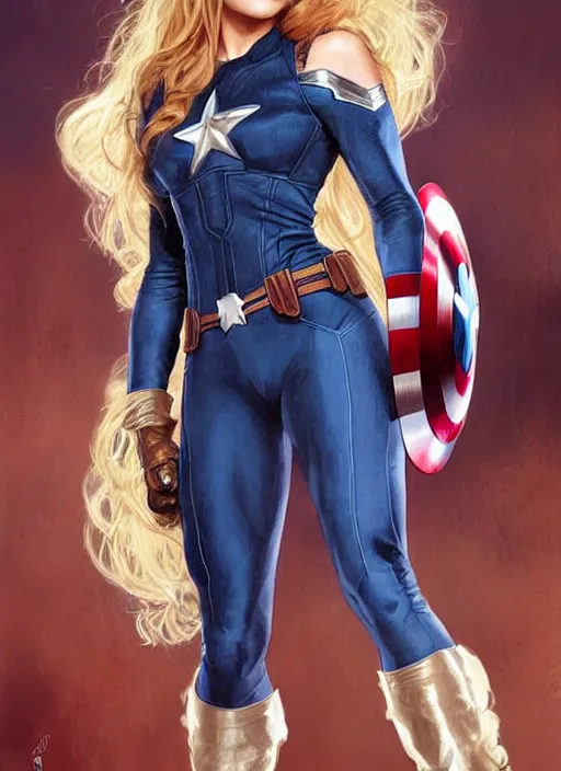 Image similar to toned young april with a mischievous face and extremely long blonde wavy hair dressed as superhero in her early 2 0 s, posing with hands behind back, captain america, tight fit, intricate detailed face, artgerm, greg rutkowski, alphonse mucha