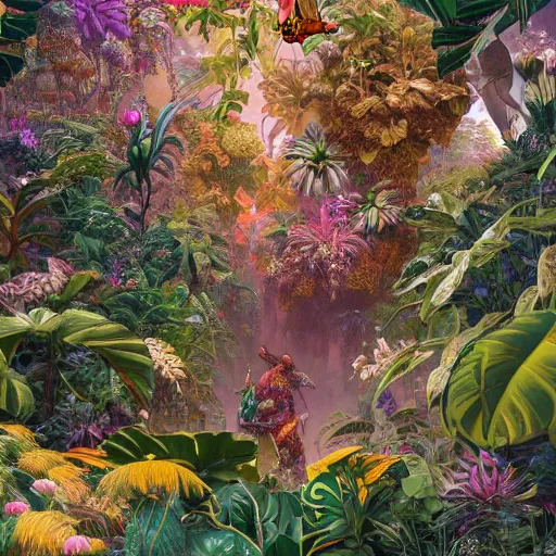 Prompt: a beautiful painting of jungle plants, flowers, butterflies, gilded gold, 4 k unreal engine renders, ultra - wide angle, by victo ngai, jen yoon, geof darrow, peter mohrbacher, johfra bosschart, thomas kinkade, miho hirano, hd, pastel color scheme