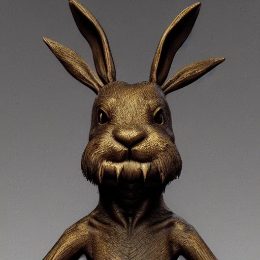 Image similar to a realistic bronze sculpture of a very scary bunny with sharp teeth made by michelangelo, standing in times square, 3 d render, hyper detailed, sharp focus, 8 k resolution