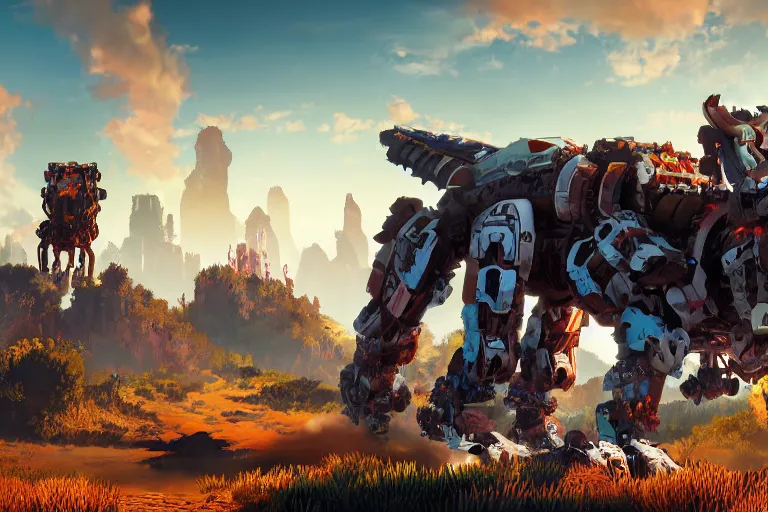 Image similar to behemoth machine mecha animal beast robot of horizon forbidden west horizon zero dawn bioluminiscence global illumination ray tracing hdr fanart arstation by sung choi and eric pfeiffer and gabriel garza and casper konefal