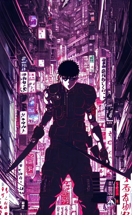 Image similar to an intricate detailed main cover of the manga, a strong male anime hero with two magical swords, in neo tokyo cyberpunk city with spirit sight, by Katsuhiro Otomo + Sui Ishida, in the anime Ghost In the Shell, trending on artstation + clean lines + lineart +clean edges