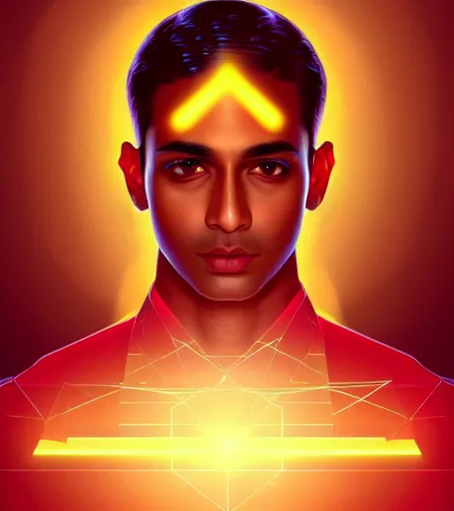 Image similar to symmetry!! indian prince of technology, solid cube of light, hard edges, product render retro - futuristic poster scifi, lasers and neon circuits, brown skin handsome indian prince, intricate, elegant, highly detailed, digital painting, artstation, concept art, smooth, sharp focus, illustration, dreamlike, art by artgerm