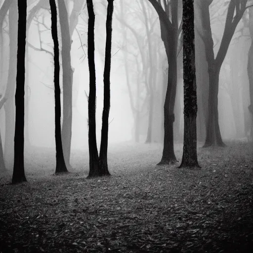 Image similar to deep misty forest with black hairy demon behind the tree, monochrome lomography