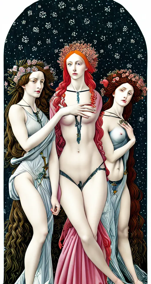 Prompt: the 3 Goddesses of Winter, in a mixed style of Botticelli and Æon Flux, inspired by pre-raphaelite paintings and shoujo manga, surrounded by flora and fauna, hyper detailed, stunning inking lines, flat colors, 4K photorealistic