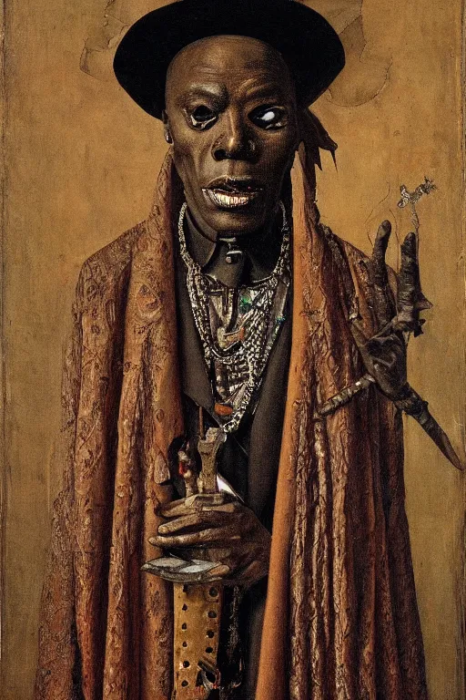 Prompt: portrait of baron samedi, oil painting by jan van eyck, northern renaissance art, oil on canvas, wet - on - wet technique, realistic, expressive emotions, intricate textures, illusionistic detail
