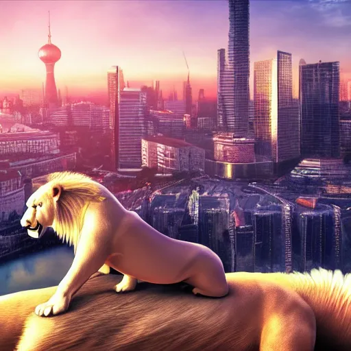 Prompt: a portrait of Vladimir Putin shirtless riding a white lion, Moskva skyline in background, rich vivid vibrant colors, ambient lighting, dynamic lighting, lens flare, 4K, HQ, official media, trending on artstation