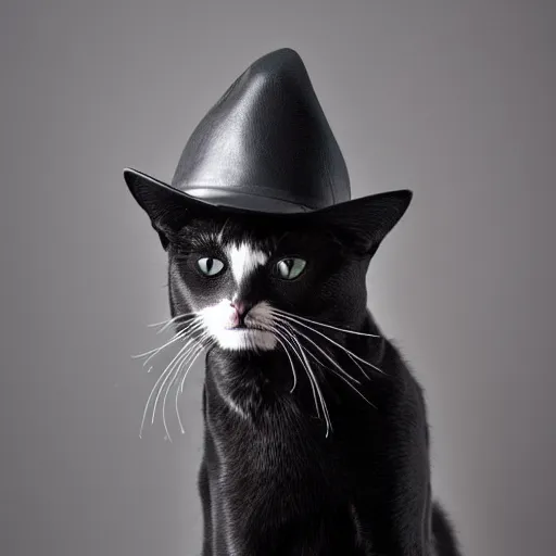 Image similar to a cat wearing a black leather hat, frontal view, cool looking