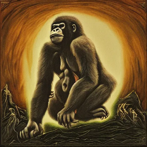 Image similar to gorilla falling from heaven, in the style of deathspell omega's fas album cover