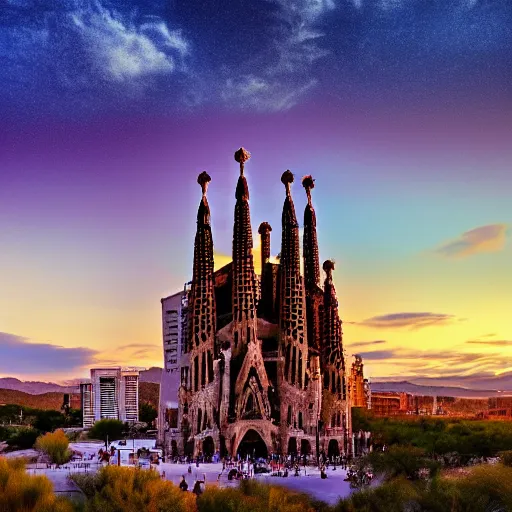 Prompt: time magazine photo, la sagrada familia in a beautiful scenic epic desert, surreal, epic composition, rule of thirds, 4 k wallpaper, golden hour, dramatic lighting,