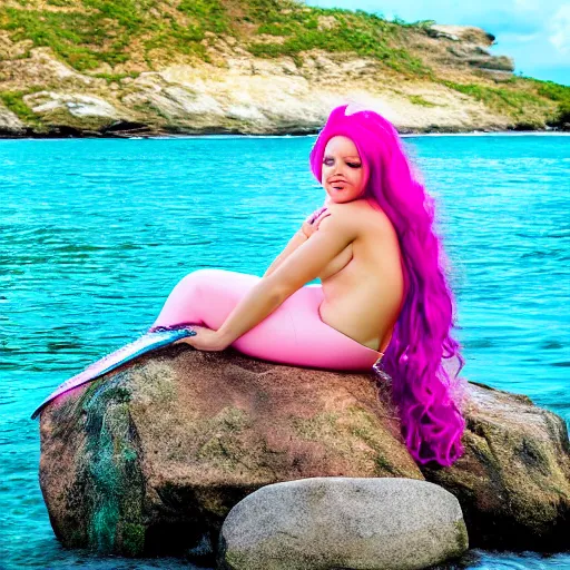 Prompt: a mermaid with pink hair, full body, sitting on a rock floating in the sea, photo realistic