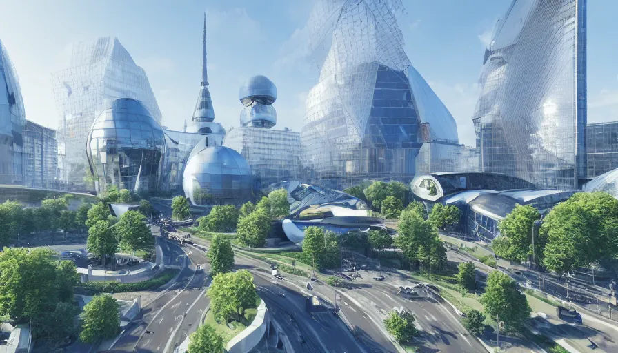 Prompt: futuristic berlin with white glass domes, blue glass skyscrapers, green place, crowded highways, alleys with trees, sunlight, reichstag building, hyperdetailed, artstation, cgsociety, 8 k