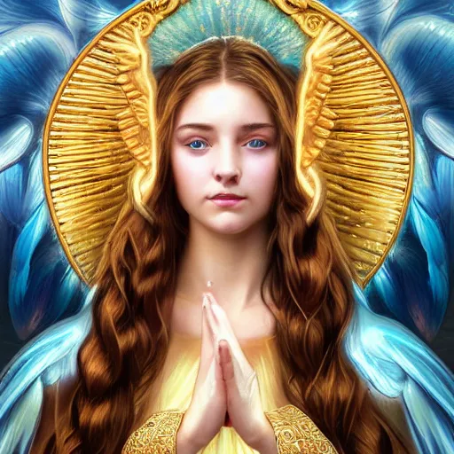 Image similar to Portrait of beautiful young female archangel girl maiden angel wearing flowing robes, long cyan hair, luminescent blue eyes, vivid colors, colorful, photorealistic, high dynamic range, HDR, intricate, elegant, highly detailed, digital painting, artstation, concept art, smooth, sharp focus, illustration, art by artgerm and greg rutkowski and alphonse mucha and andrei riabovitchev