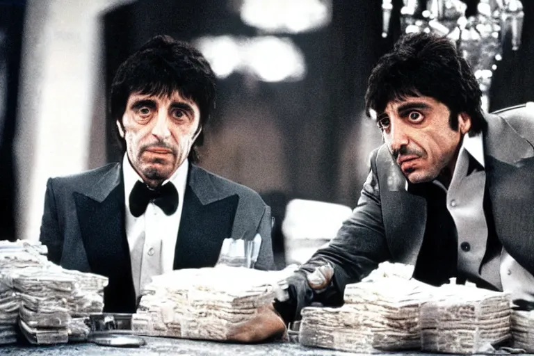 Image similar to tony montana from movie scarface 1 9 8 3 sitting at a table with packages of flour. next to the night window. al pacino. perfect symmetric face, coherent eyes, fine details, 4 k, cinestill, ron cobb