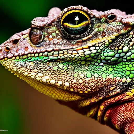 Prompt: An award winning photo of Tokay crocodile chameleon looking at the camera, cute, nature photography, National Geographic, 4k