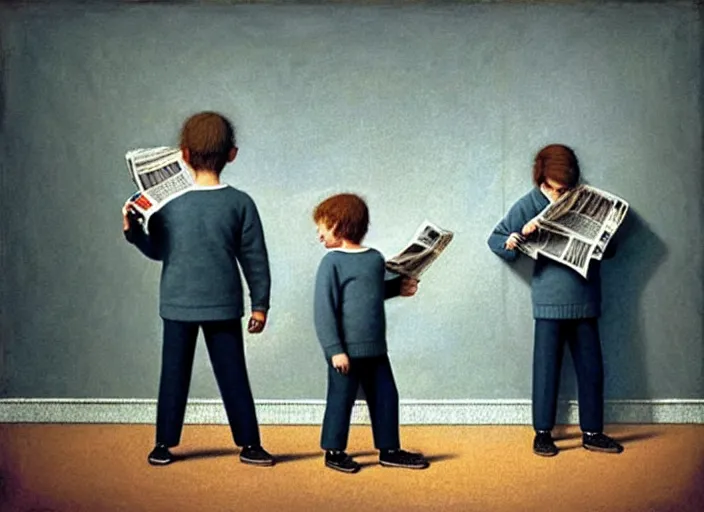 Image similar to a very boring day in school, kids wearing identical clothes reading newspapers, all faced away, painting by quint buchholz and ray caesar, muted colors, gray, dull, boring, low energy, pale blue faces, very detailed