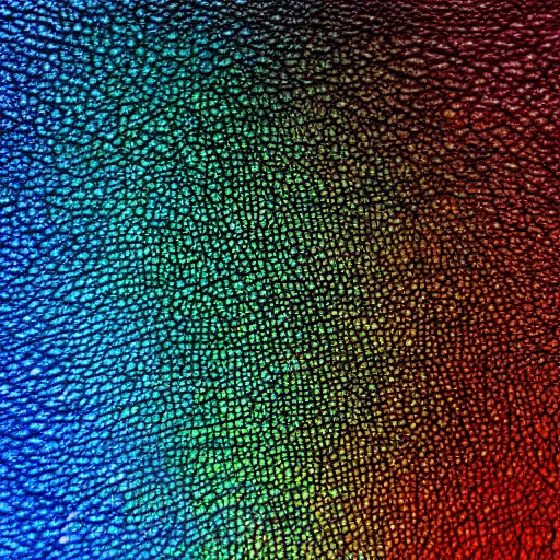 Image similar to an intricate closeup of iridescent leather scales, 4k photography, blacklight