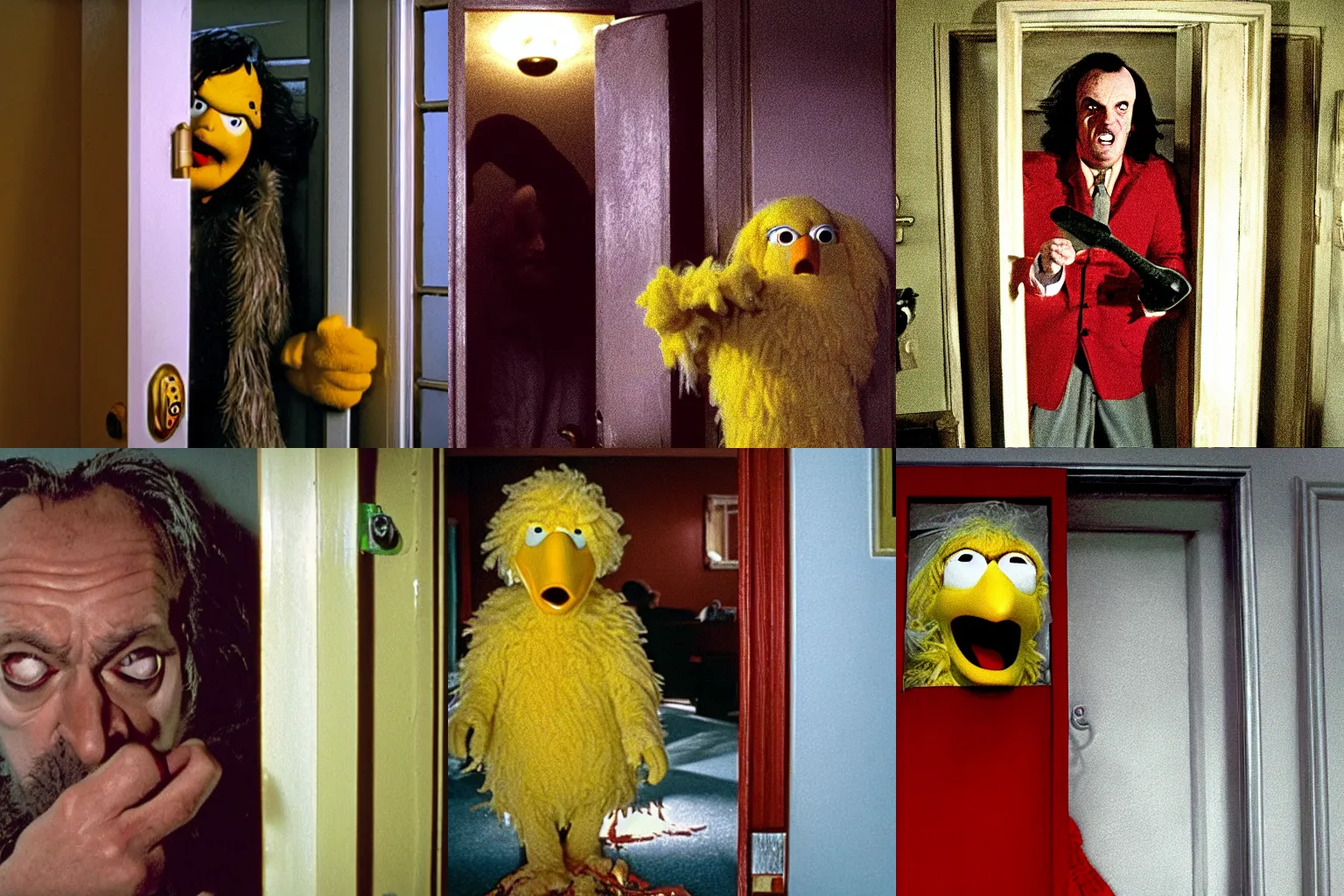 Prompt: big bird as Jack Torrance in the shining breaking down a door with a fire axe
