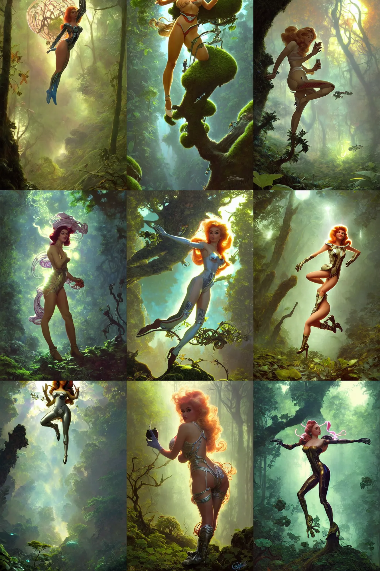 Prompt: retrofuturistic barbarella flying around with her jetpack discovering the enchanted forrest looking at magic mushrooms and the mossy trees, art by artgerm and greg rutkowski and alphonse mucha and frank frazetta, magic lighting, low light, foggy at dawn, sunlight visible through tree leaves, misty, magic, atmospheric