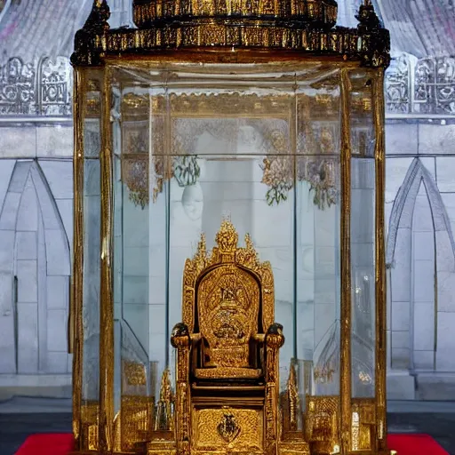 Prompt: a beautiful tomb consists of a completely transparent glass cube in which the king's body has been perfectly preserved dressed in all his regal finery. there is no decay or blemish. his body is frozen in time and his body can clearly be seen by all sitting on his throne as perfect as in life. the display is beautiful and elegant and ornate