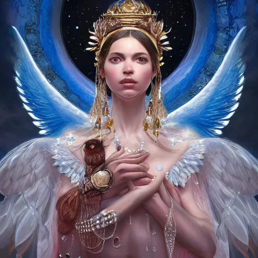 Image similar to A beautiful digital painting of a female angel full of jewels, princess, the moon behind her, intricate, cinematic lighting, highly detailed, digital painting, Artstation, concept art, smooth, sharp focus, illustration, art by Tom Bagshaw, Artgerm and Greg Rutkowski