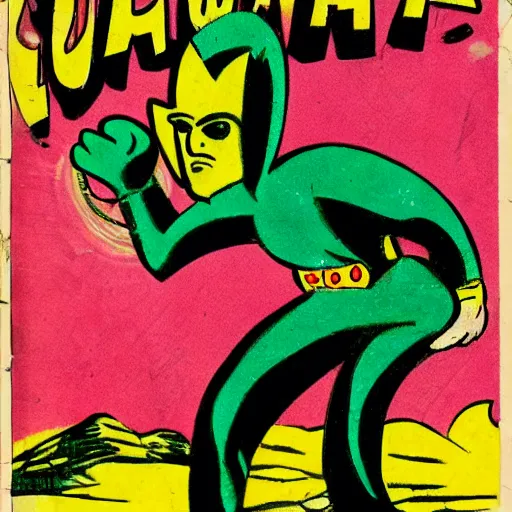 Prompt: Cactus-man, golden age comic book cover illustration