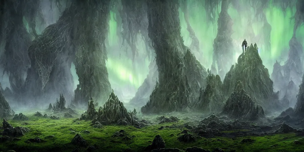 Prompt: evil eldritch lovecraftian scenery landscape, lord of the rings, aurora borealis, mist, monoliths, tentacles, fungal growths, moss highly detailed, bleak color, perfect lighting, perfect composition, 8 k, brian froud, artgerm, derek zabrocki, greg rutkowski