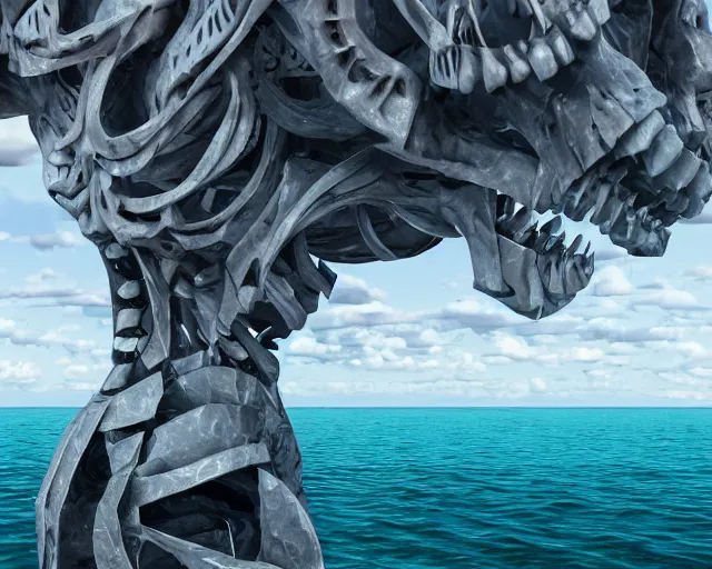 Image similar to a long shot of a giant skeleton award winning sculpture on the surface of the ocean, abstract sculpture, in the style of chad knight, hyper detailed, hyper realistic, ray tracing, 8 k resolution, sharp focus