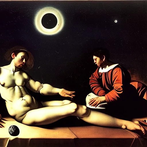 Prompt: about world in comfort caravaggio and quint bucholz parallel reality with unreal endless night sky