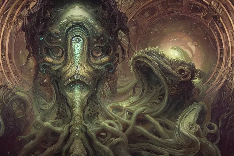 Image similar to a lovecraftian painting of cthulhu rising, cosmic horror elements, ultra realistic, concept art, intricate details, eerie, highly detailed, photorealistic, octane render, 8 k, unreal engine. art by artgerm and greg rutkowski and alphonse mucha