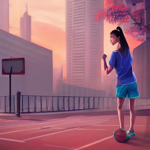 Image similar to tall woman wearing a blue jacket and pink shorts playing basketball, complete detailed body, city in background, moody atmosphere, digital art, highly detailed, high contrast, beautiful lighting, award winning, trending on art station, photorealistic, 8 k,