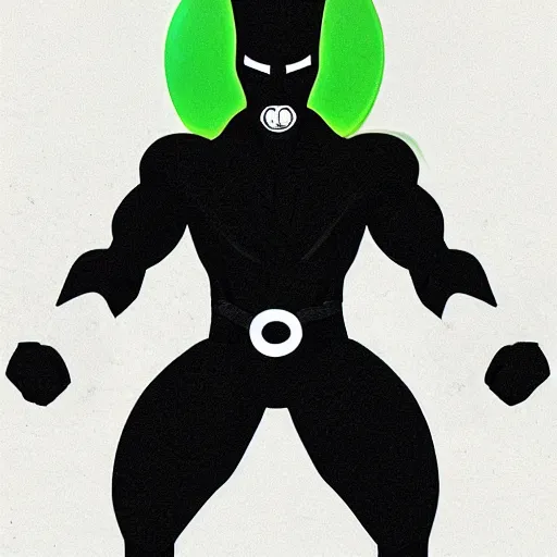 Prompt: dark - skinned superhero with a black suit and very minimal green details, his power comes from a ring that gives him feline - like powers and a spectacular mask that turns the iris of his eyes green. he has beard. as a weapon he has an expandable staff. he wears no cape. he has a belt as a feline tail, digital art