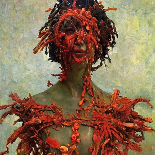 Image similar to a sculpture portrait made of seaweed and coral and shells and lilies, painting part by wojciech siudmak, part by ilya repin, part by max ernst, part by norman rockwell, artstation