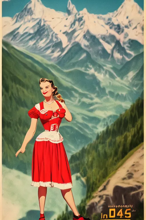 Image similar to 1 9 4 0 s german advertisement poster pinup girl in dirndl, the alps are in the background, unreal engine, global illumination, radiant light, detailed and intricate environment