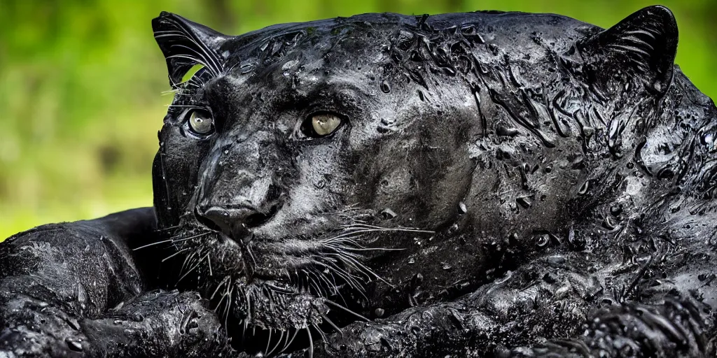 Prompt: a panther, made of ferrofluid, bathing inside the tar pit, full of tar, covered with ferrofluid. dslr, photography, realism, animal photography, color, savanna, wildlife photography