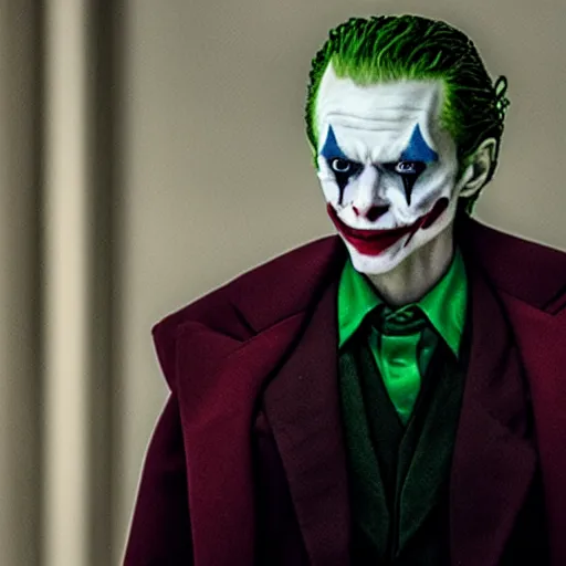 Prompt: film still of Tilda Swinton as joker in the new Joker movie