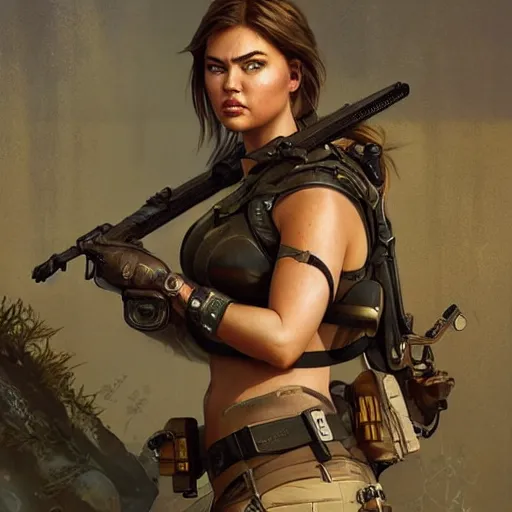 Prompt: portrait of Kate Upton as Lara Croft, looking at camera, intricate, dystopian, sci-fi, extremely detailed, octane render, digital painting, concept art, smooth, sharp focus, illustration, incredible art by artgerm and greg rutkowski and alphonse mucha and simon stalenhag