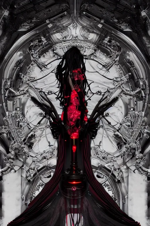 Prompt: full-body cyberpunk style sculpture of a young beautiful dark priestess, half android with a head opening exposing circuitry, glowing red eyes, black roses, flowing blood-red colored silk, fabric, candles, baroque elements. human skull. full-length view. baroque element, intricate artwork by Caravaggio. crows flying in background. Trending on artstation. octane render, cinematic lighting from the right, hyper realism, octane render, 8k, depth of field, 3D