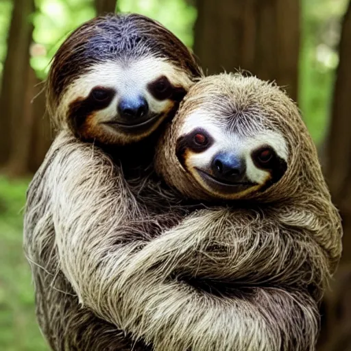 Image similar to a sloth hugging his turtle friend