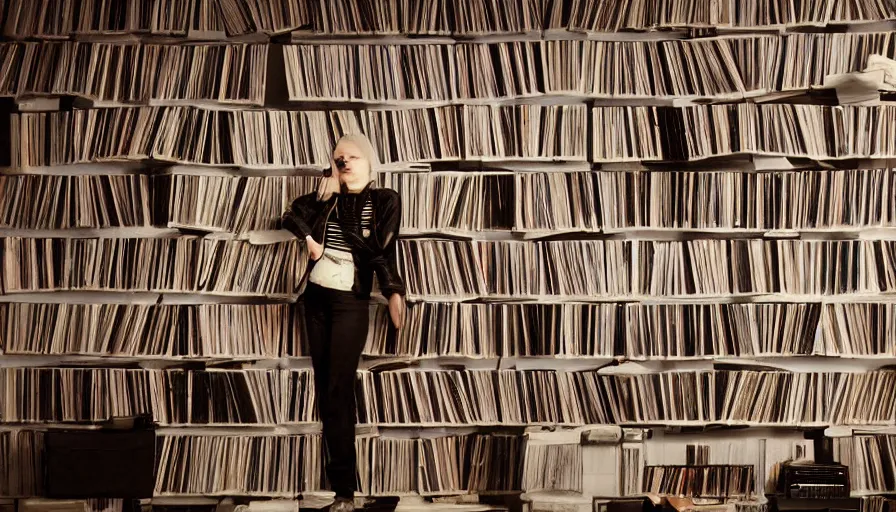 Image similar to angry women guarding a wall of records, synthesizers, turntables, vhs tapes, old books and computers, dark, realistic, intimidating