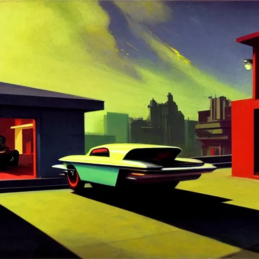 Image similar to a cinematic matte painting of a boxy 1 9 6 0 s retro - futurism sci - fi car with solar panels on roof and doors in a cluttered garage in mumbai. by edward hopper, glennray tutor and greg rutkowski. trending on artstation.