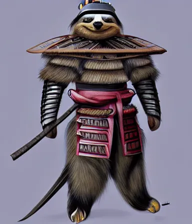 Prompt: photorealistic illustration of anthropomorphic sloth in traditional samurai armor : : digital art, concept art, character development