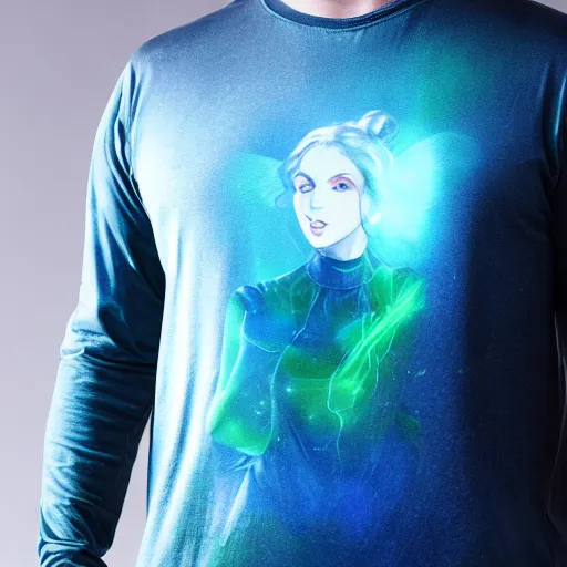 Image similar to portrait of an ethereal long sleeve t shirt made of blue and green light, divine, cyberspace, mysterious, dark high-contrast concept art