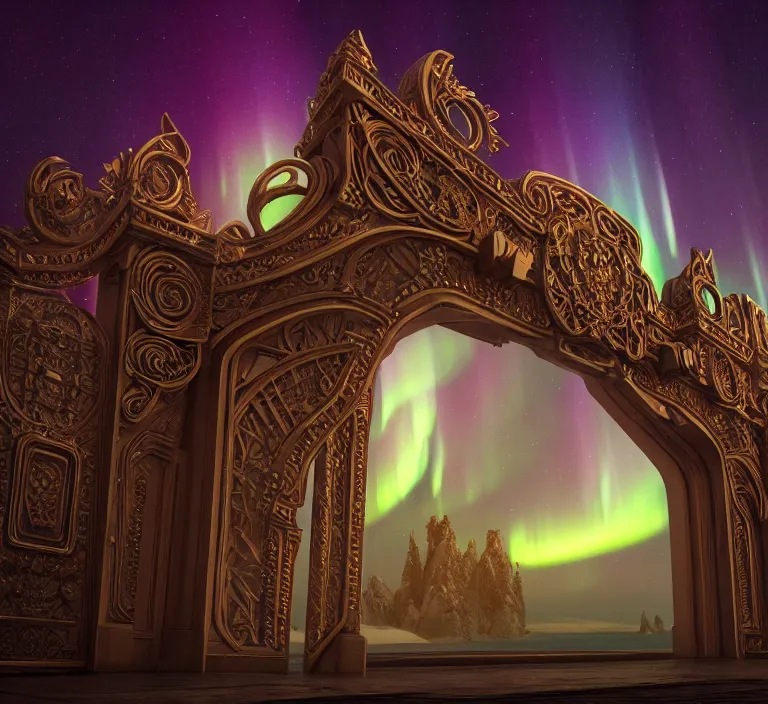 Prompt: a very detailed concept art of intricate gates to aurora borealis, trending on artstation, symmetry, digital art, 4 k, hyper realistic, octane render, sharp focus